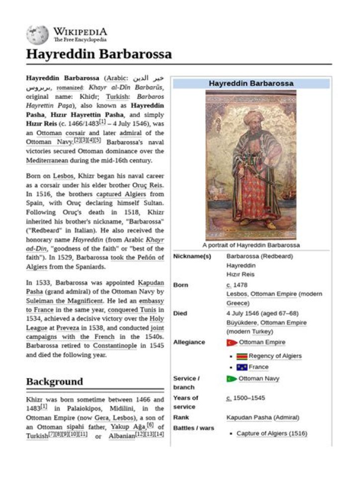 Hayreddin Barbarossa’s biography, net worth, fact, career, awards and life story