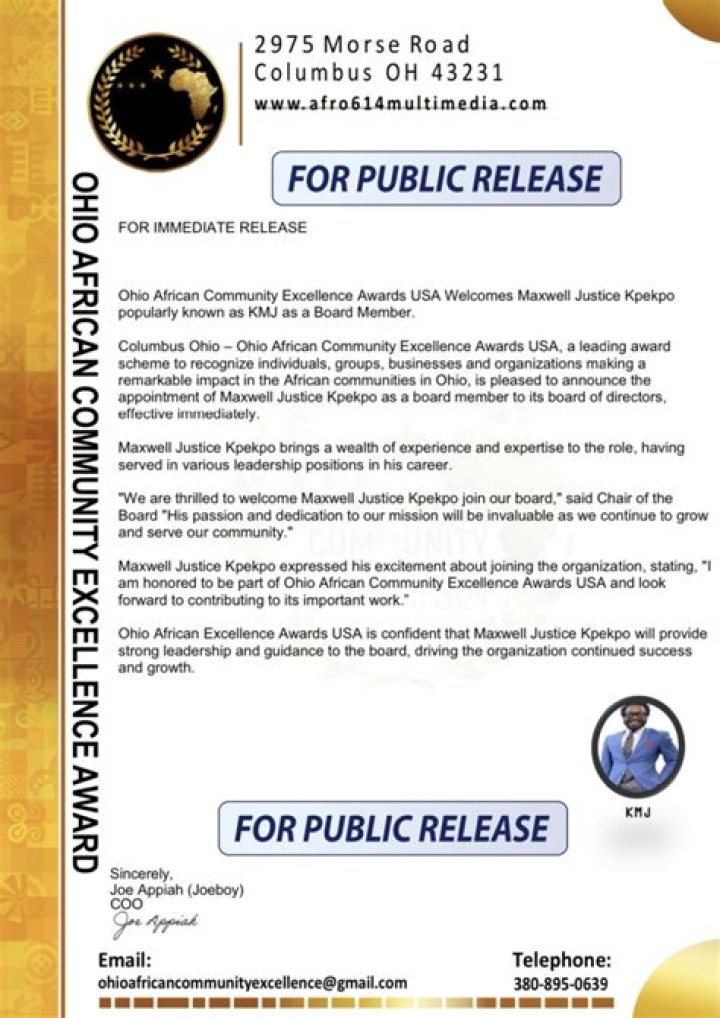 KMJ named as Board Member for Ohio African Community Excellence Awards USA